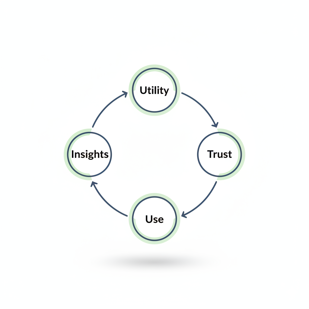 Adoption Flywheel - 4 nodes connected in loop: Utility → Trust → Use → Insights → More utility